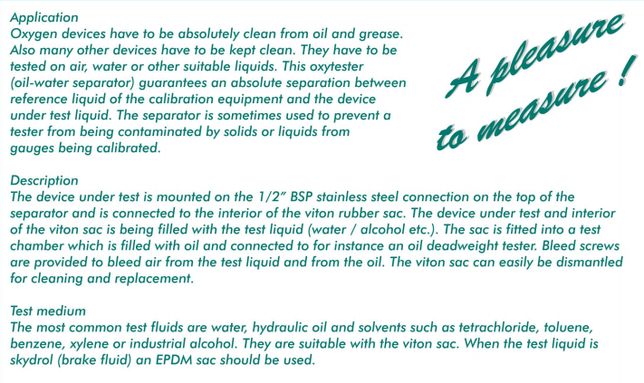 세인교정기기(주) - 제품소개 - 3. 압력측정교정기 - ⑥ 분동식 압력교정기 Oil/Water Separator-Oxytester  for DWT Oxytester